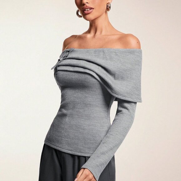 Grey Casual Women's Off-Shoulder Leather buckle Detailed shirt - Picture 3 of 7